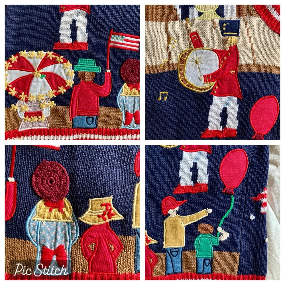 Vtg 1996 Eagles Eye Hand Knit Sweater Vest 3D Americana Marching Band USA Med - Picture 8 of 16